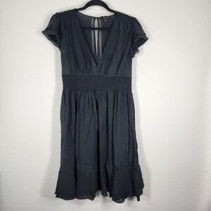 Frye Natalie black silk dress smocked waist flutter sleeve keyhole back Sz M